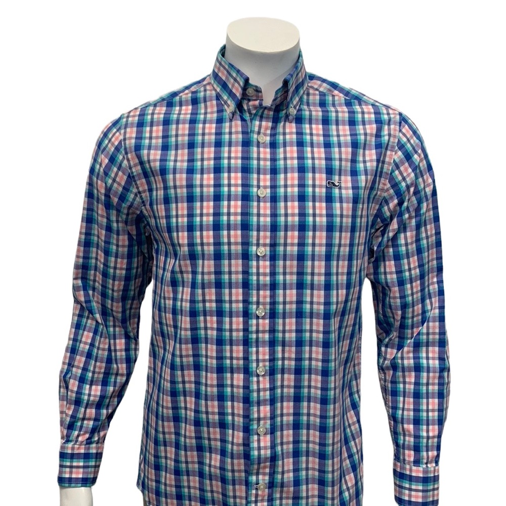 Vineyard Vines by Shep & Ian Blue Pink White Green Slim Fit Whale Shirt Size Sm